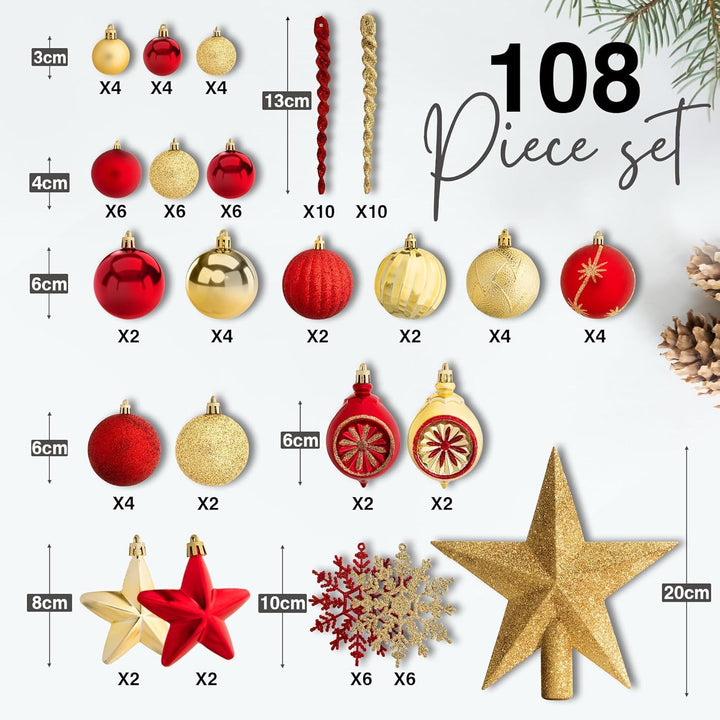 Pelle & Sol 108Pcs Christmas Baubles Set – Gold & Red Shatterproof Ornaments