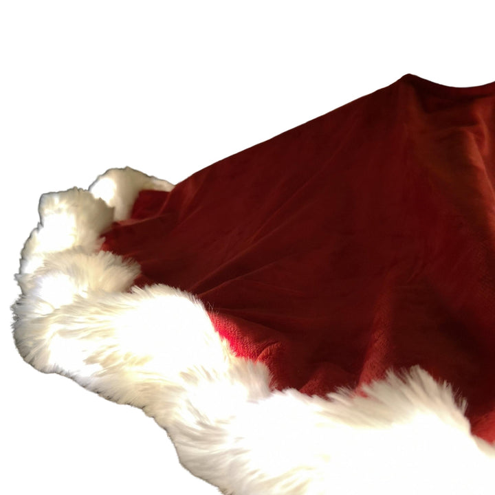 90cm Red Faux Fur Christmas Tree Skirt with White Trim & USB LED Lights