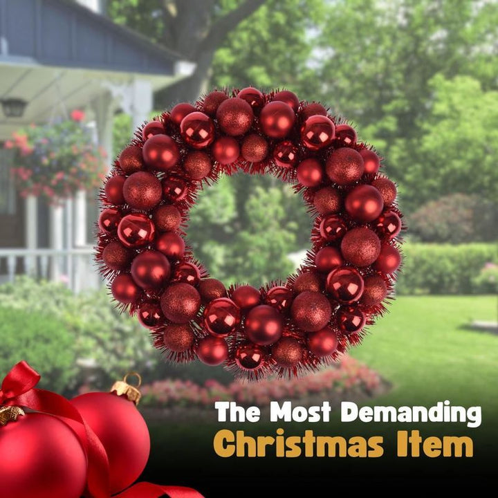 36cm Tinsel Christmas Wreath – 56 Red Baubles (Matte, Glitter & Chrome)