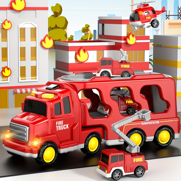 5-in-1 Fire Truck & Car Carrier – Friction Action Toy with Lights & Sounds (Ages 3–6)