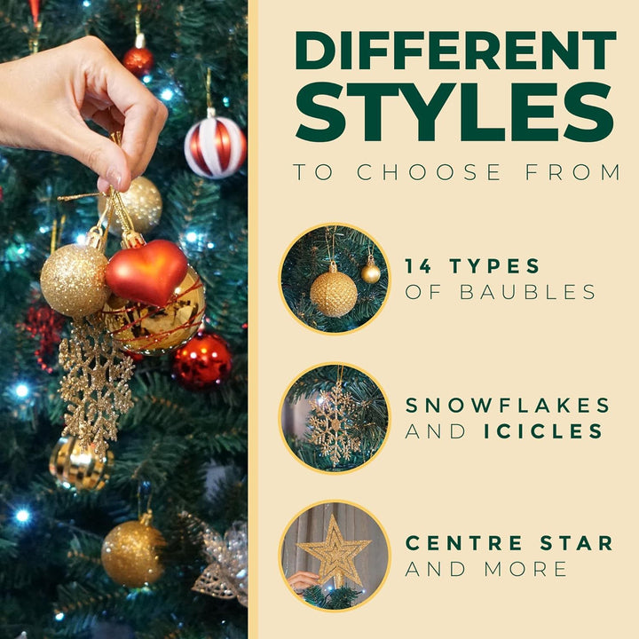 Festive Fix 130Pcs Christmas Baubles Set – Red & Gold Shatterproof Ornaments