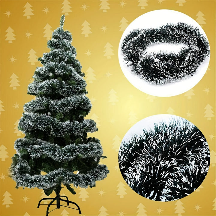 10m Artificial Pine Christmas Garland – Green & White Snowflake Tinsel