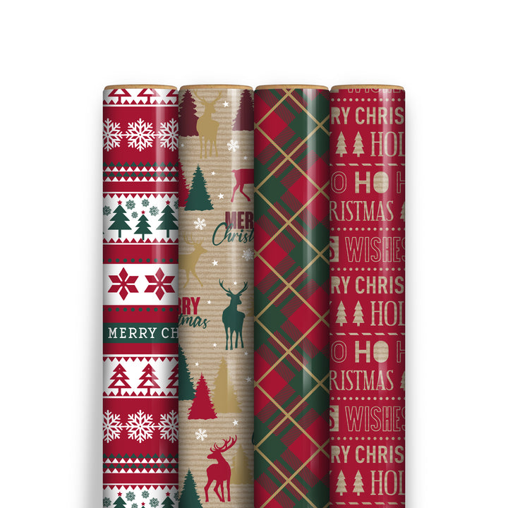 Pack of 4 Christmas Wrapping Paper Rolls – 7m Each, Festive Gift Wrap
