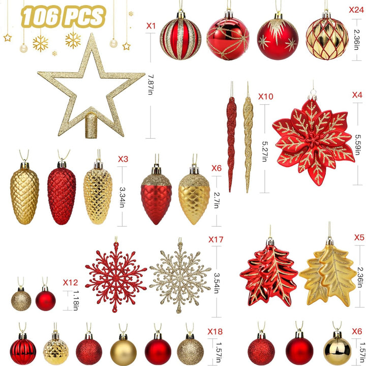 106Pcs Red & Gold Christmas Baubles Set – Shatterproof Ornaments with Hooks