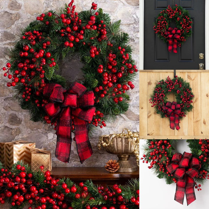 Large Red Berry Christmas Wreath – Burgundy Bow & Plaid Ribbon Door Decoration