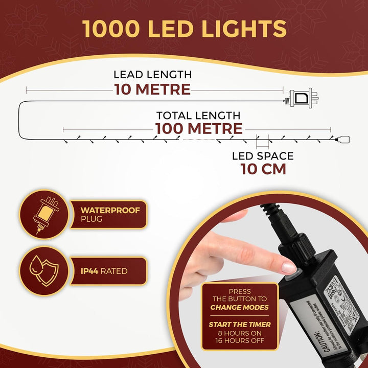 Festive Fix Warm White LED Christmas Tree Lights – 8 Modes, Timer, Waterproof