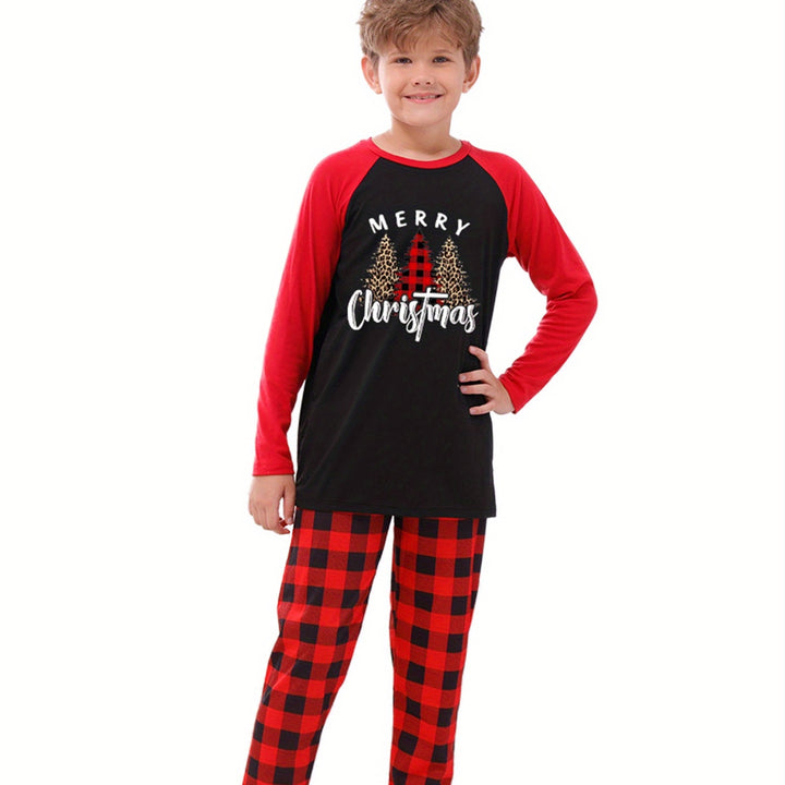 Matching Family Christmas Pyjamas – Tree Print Long Sleeve Top & Plaid Pants