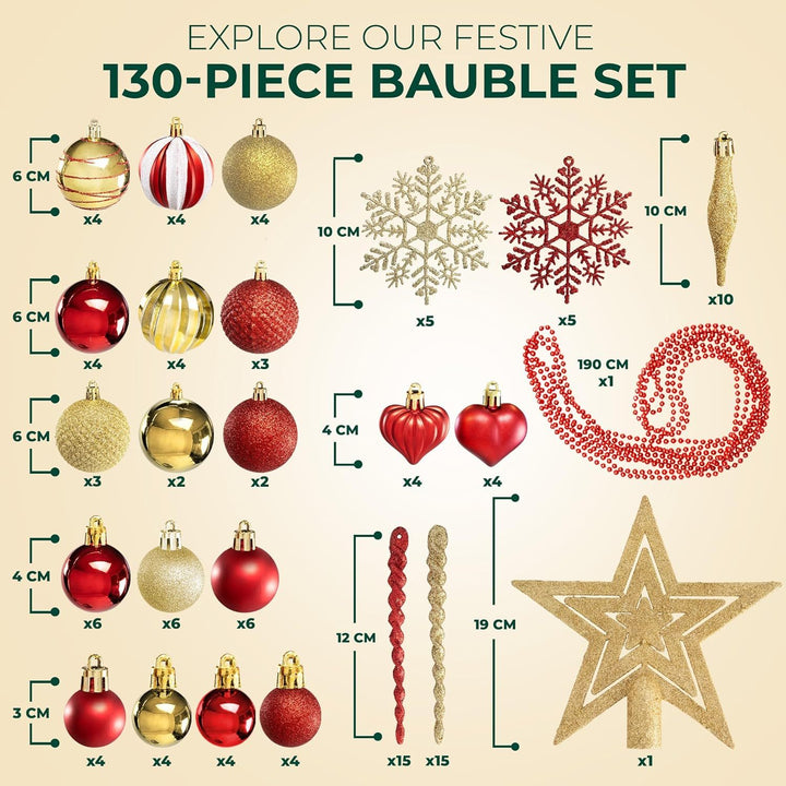 Festive Fix 130Pcs Christmas Baubles Set – Red & Gold Shatterproof Ornaments
