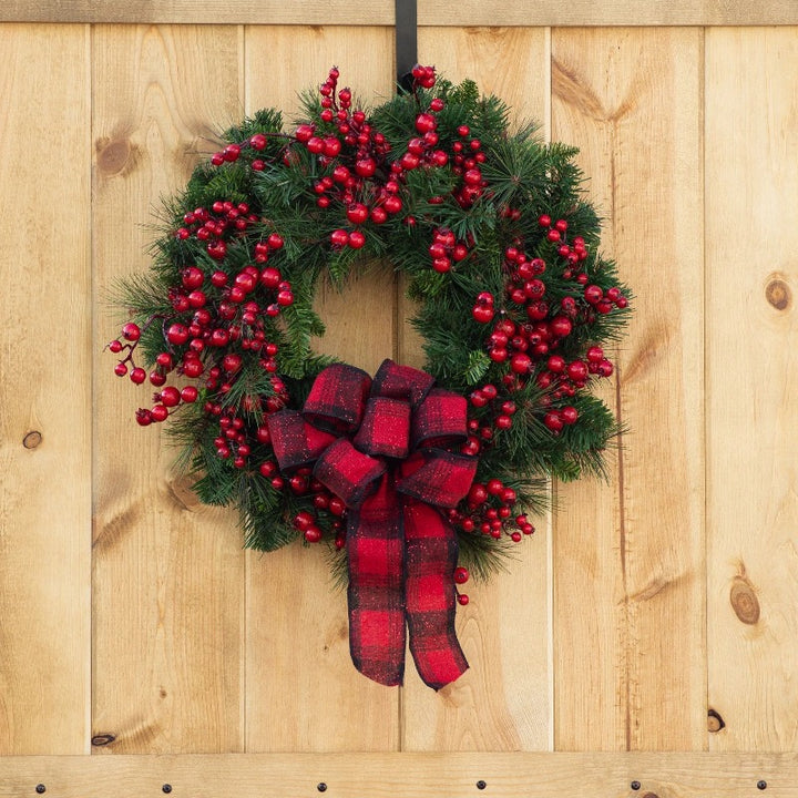 Large Red Berry Christmas Wreath – Burgundy Bow & Plaid Ribbon Door Decoration