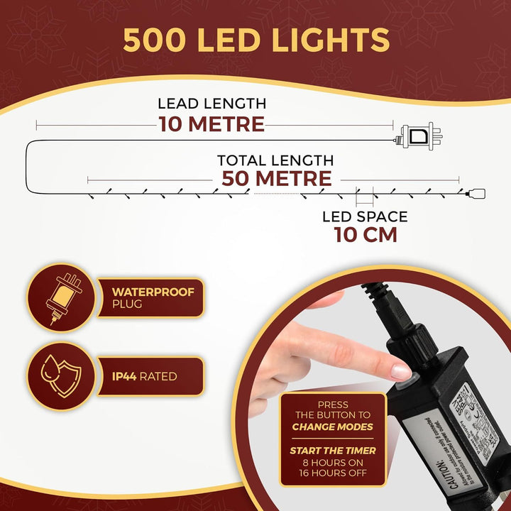 Festive Fix Warm White LED Christmas Tree Lights – 8 Modes, Timer, Waterproof