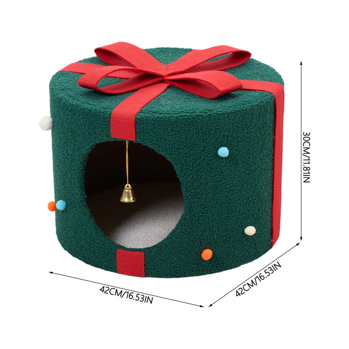 Christmas Cat Bed with Bells – Gift-Shaped Pet Cave for Cats & Small Dogs - 42x42x30cm