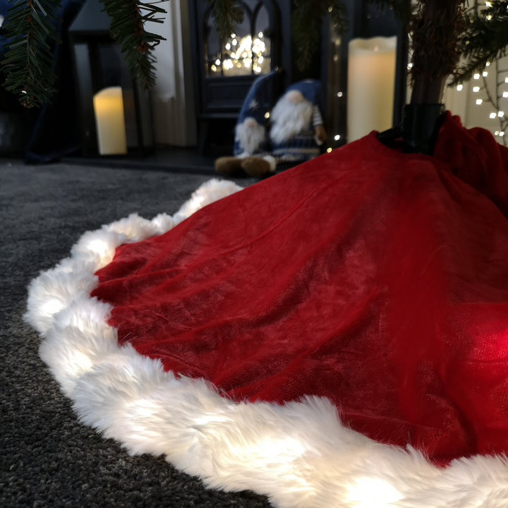 90cm Red Faux Fur Christmas Tree Skirt with White Trim & USB LED Lights