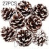 27Pcs Artificial Pine Cones – Snow-Covered Rustic Christmas Decorations