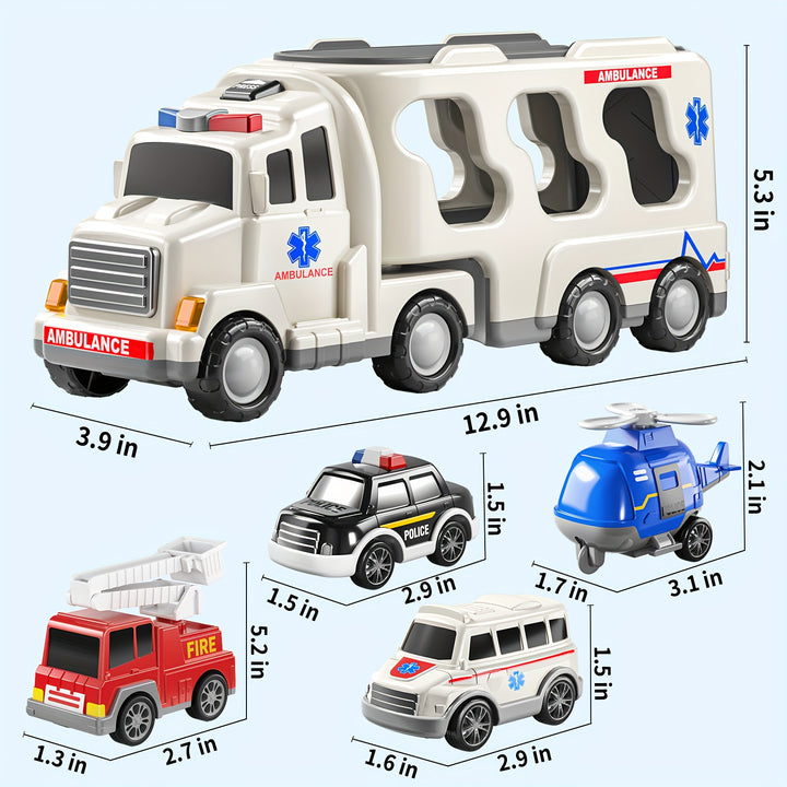 5-in-1 Fire Truck & Car Carrier – Friction Action Toy with Lights & Sounds (Ages 3–6)