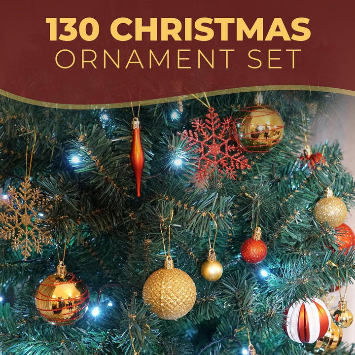 Festive Fix 130Pcs Christmas Baubles Set – Red & Gold Shatterproof Ornaments