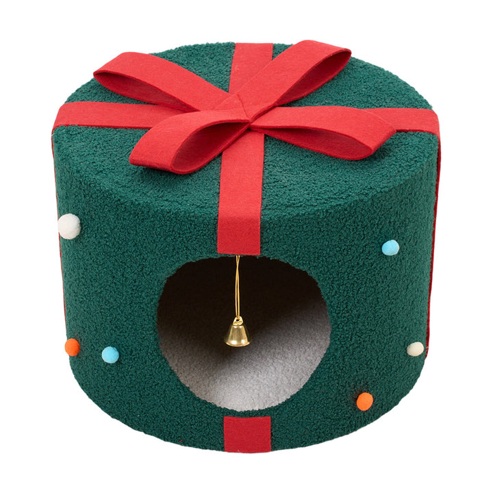 Christmas Cat Bed with Bells – Gift-Shaped Pet Cave for Cats & Small Dogs - 42x42x30cm