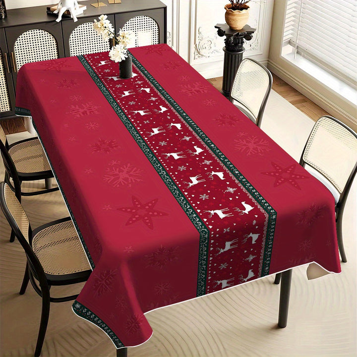 Burgundy Red & White Christmas Tablecloth – Snowflake Reindeer Rectangular Cover